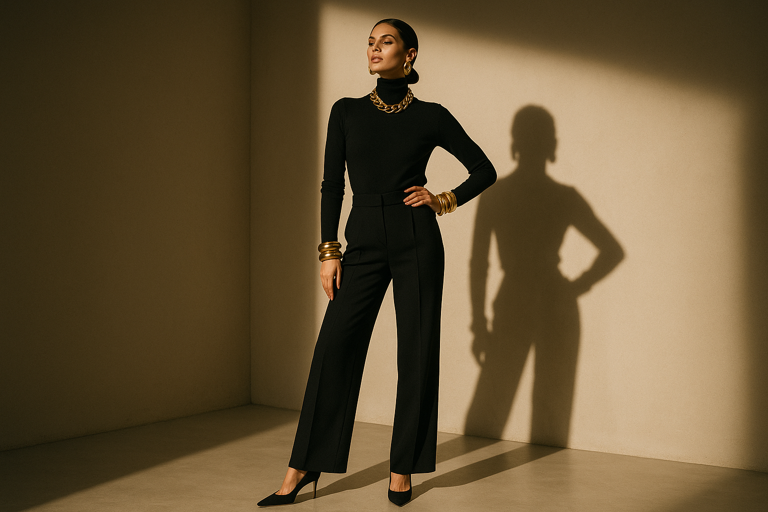 Full-body editorial fashion photo of a model standing confidently in a minimalist studio space, wearing monochrome outfit with bold gold accessories (necklace, earrings, bangles), high-contrast lighting, neutral beige background, strong shadows, dramatic pose, luxury fashion campaign, Vogue-style photography, cinematic mood, 4:5 aspect ratio, elegant and powerful energy